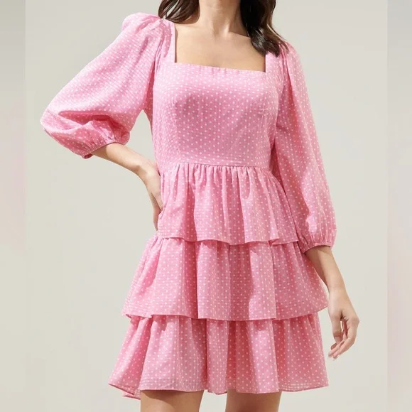 SugarLips Corinne Polka Dot Tiered Mini Dress bell sleeve flowy spring Easter S - Picture 2 of 12